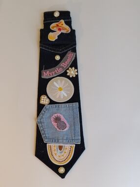 Decorative Denim Tie with Patchwork & Embellishments - Black & Light Blue